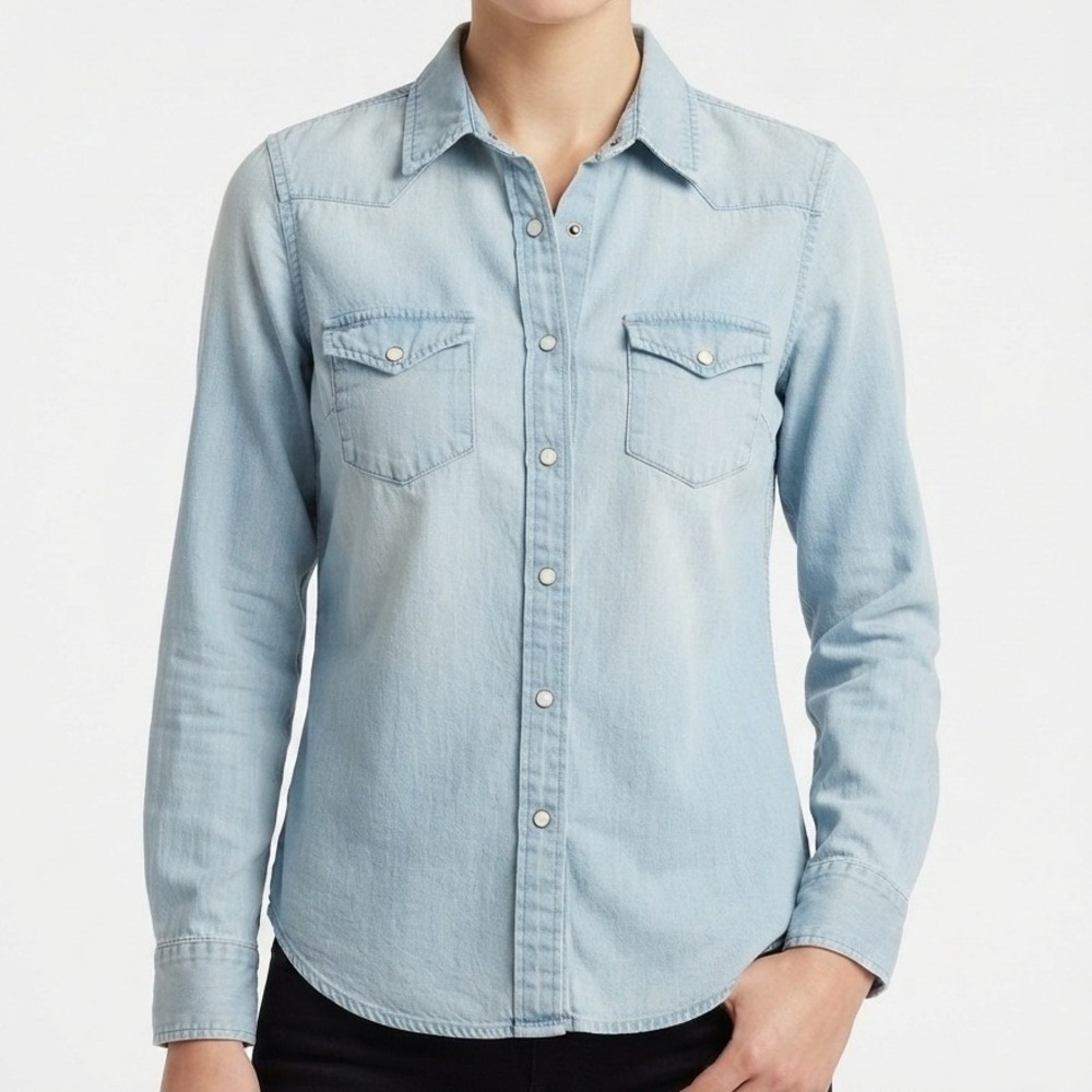 Topshop Moto Light Wash Denim Western Shirt Snap Front Long Sleeve Blue Six 6